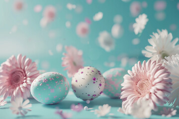 Obraz na płótnie Canvas Pastel Easter eggs and daisies with soft bokeh for spring holiday designs.