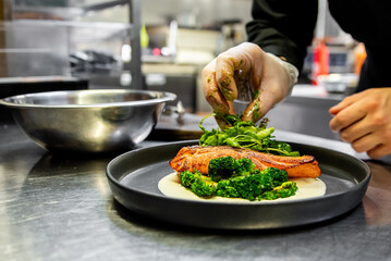 A chef garnishes a grilled salmon dish, showcasing culinary artistry in plating.