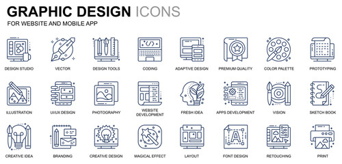 Simple Set Web and Graphic Design Line Icons for Website and Mobile Apps. Contains such Icons as Studio, Tools, App Development, Retouching. Conceptual color line icon. Pictogram pack.