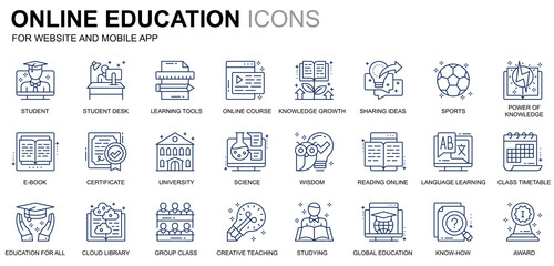 Simple Set Education and Knowledge Line Icons for Website and Mobile Apps. Contains such Icons as Online Course, University, Studying, Book. Conceptual color line icon. Pictogram pack.