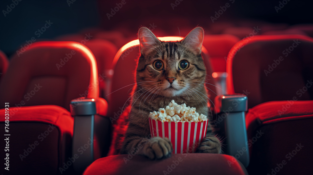 Wall mural cat in the cinema with popcorn