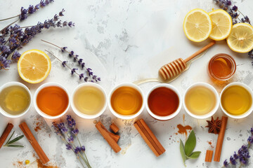 Variety of honey and spices with lemon and lavender on white background