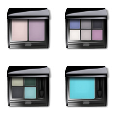 Make-up eyeshadow palette. Realistic vector set. Open color makeup eye shadow kit square case packaging. Easy to recolor