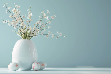 white blossoms in a white vase with Easter eggs against a soft blue background.