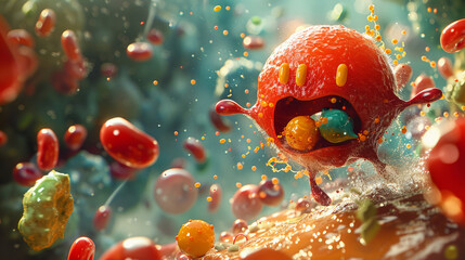 A red blood cell in a dynamic, splashy environment. - obrazy, fototapety, plakaty