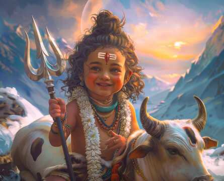 portrait of little shiv holding trident sitting on cow shiva as kid