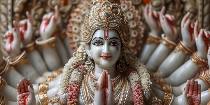 white figurine of lord vishnu with multiple arms