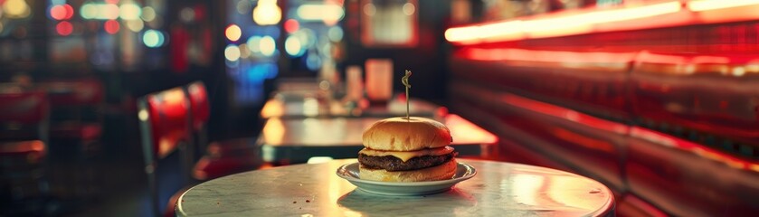 Robotic diner, classic design, burger on plate, soft glow, nostalgic feel, frontal shot , photographic style - obrazy, fototapety, plakaty