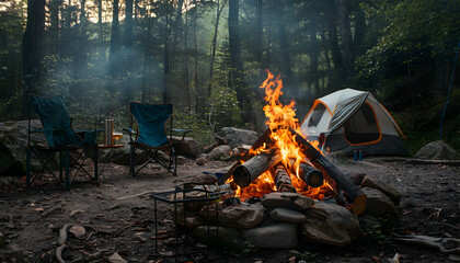 bonfire with burning firewood near chairs and camping tent in forest at daytime - obrazy, fototapety, plakaty