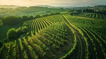 Overhead drone shot of a maze-like vineyard in Tuscany, Italy, late afternoon, highlighting the geometric beauty and green hues, for travel and wine enthusiasts. - obrazy, fototapety, plakaty
