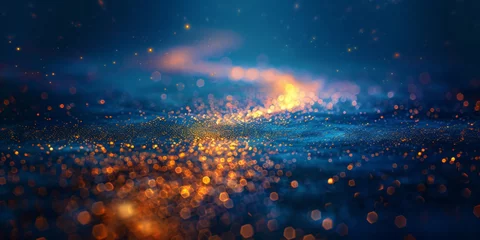 Poster A starry magic trail glowing, A golden trail of light shines on  dark blue background,Gold light shine particles,Christmas Golden Star light banner © Planetz