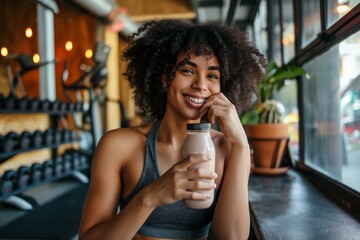 Fitness Enthusiast Enjoying a Post-Workout Drink Indoors