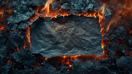 Burnt paper with blank space in the center, dark ashes around, fire concept