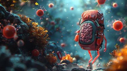 A red blood cell character with a backpack full of nutrients, zooming in on the delivery process to hungry tissues, emphasizing nutritional transport