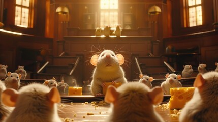 Mice in a cheesethemed court, warm cheese color light, medium shot, humorous legal battle , cinematic - obrazy, fototapety, plakaty