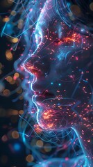 Digital mindscape where futuristic AI and human thoughts intertwine, forming a neon-lit matrix of intelligence 