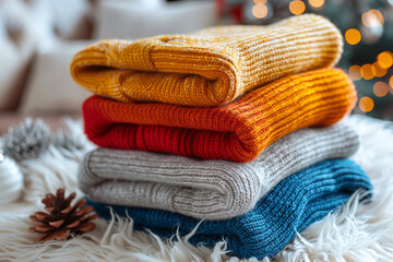 Obraz na płótnie Canvas Photo of stack of warm and knitted clothes that need to be put away when summer comes