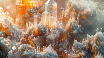 Surreal illustration of a cityscape bathed in a warm golden light, resembling a futuristic or fantasy metropolis.