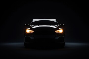 Black background with silhouette of black car, high contrast, illuminated headlights Generative AI