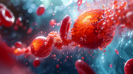 A red cell passes an oxygen molecule, medical illustration to explain the process of oxygen delivery to tissues - obrazy, fototapety, plakaty