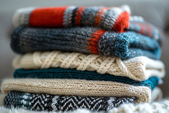 Photo of stack of warm and knitted clothes that need to be put away when summer comes