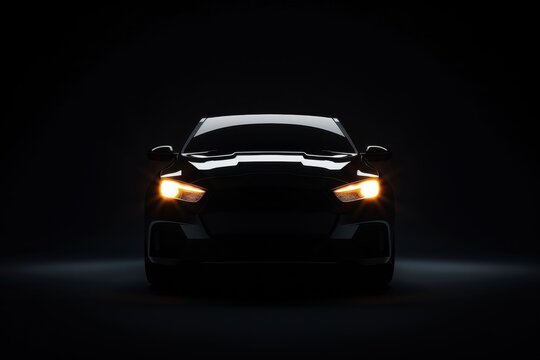 Black background with silhouette of black car, high contrast, illuminated headlights Generative AI