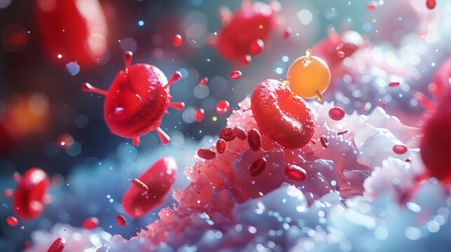 A red cell passes an oxygen molecule, medical illustration to explain the process of oxygen delivery to tissues