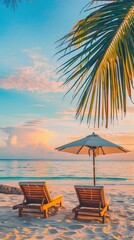 Beautiful tropical beach banner. Calm white sand and coco palms travel tourism wide panorama background concept. AI generated illustration