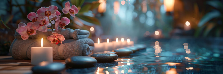 A serene spa setting with candles, orchids and towels arranged neatly on the table,tranquility and relaxation,traditional spa treatments. - obrazy, fototapety, plakaty