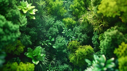 Overhead shot of a vibrant and diverse canopy of green plants, displaying an array of textures and shades in a dense, natural arrangement.