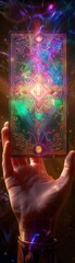 Fototapeta premium Holographic tarot card revealing fortune, ethereal glow, closeup, mystical ambiance , hyper realistic