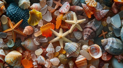 A vibrant array of sea shells and starfish in various shapes, showcasing marine diversity and natural beauty.