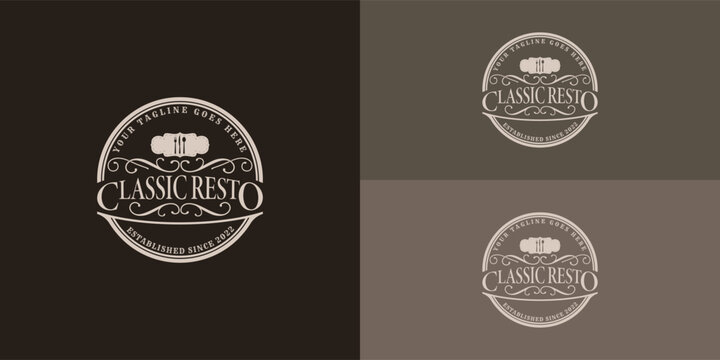 Classic Spoon Fork Knife with Vintage Retro stamp logo in soft gold isolated on multiple background colors. The logo is suitable for Kitchen Food Menu Dish Restaurant logo design inspiration