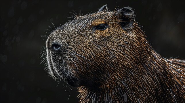 A capybara portrait in pointillism, hidden texts within its fur telling tales of its peaceful existence in dot form