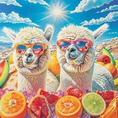 An airbrush masterpiece showcasing Alpacas in sunglasses, surrounded by juicy fruit slices, set in a vivid 1980s landscape