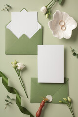 Wedding flat lay composition with invitation card mockup, green envelopes, flowers on pastel green background. Top view with copy space.