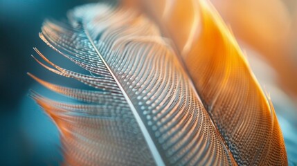 An up-close view of a bird feather, showcasing its intricate patterns and delicate structure in a macro photograph. - obrazy, fototapety, plakaty