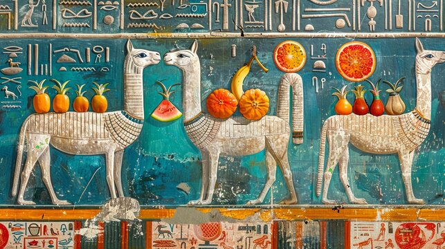 Ancient Egyptian murals reimagined with Alpacas as deities, offering slices of vibrant fruits to the gods, with 1980s neon accents