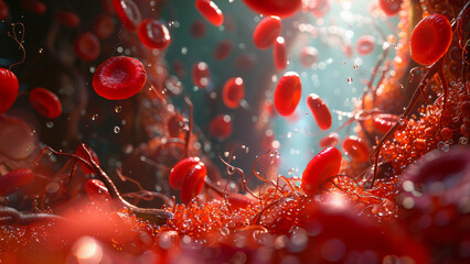 A red blood cell traverse the circulatory labyrinth, medical illustrationof the human circulatory system