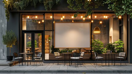 Modern storefront with a blank signboard and stylish outdoor seating