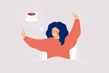 Woman stretches in the bed and thinking about coffee. Happy girl wakes up and feels good yourself. Healthy Morning habits and Body care concept. Vector illustration - 768034340