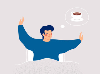 Smiling Man stretches in the bed and thinking about cup of coffee. Happy boy wakes up and feels good yourself. Healthy Morning habits and Body care concept. Vector illustration - 768034349