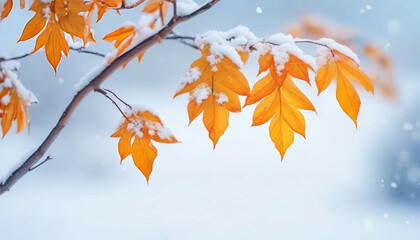 Beautiful branch with orange and yellow leaves in late fall or early winter under the snow. First snow, snow flakes fall, gentle blurred romantic light blue background for design.
