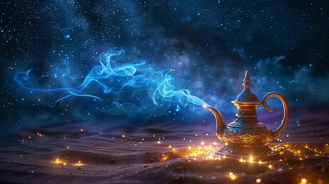 Mystical genie lamp releasing smoke under starry desert sky