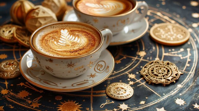 Elegant coffee cups with intricate latte art, set against a celestial-themed backdrop, evoke the mystique of the stars and planets.
