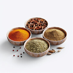 5 bowls of spices on white background