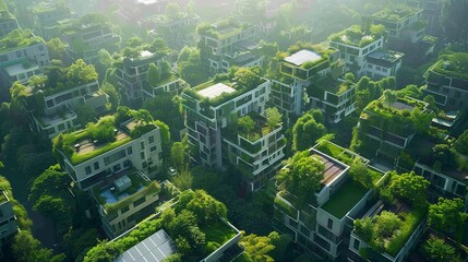 Sustainable living lifestyle in a smart city, green rooftops, solar panels, wide shot ultra HD,clean sharp focus - obrazy, fototapety, plakaty