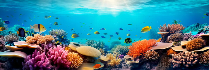 Fototapeta na wymiar underwater coral reef teeming with colorful marine life, illustrating the wonders of the ocean . Generative AI