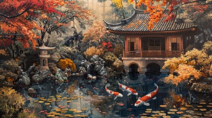 Vivid autumn colors envelop a serene Japanese garden with a pagoda, reflecting pond, and graceful koi, evoking tranquility and natural beauty.