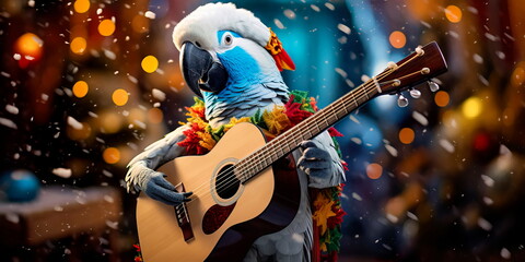 Obraz premium A parrot playing the guitar in a Snowman costume. Generative AI